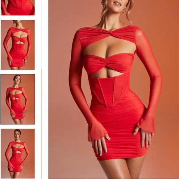 Oh Polly Dresses & Skirts - Oh Polly Ruched Fiery Red Cut-Out Long Sleeve Dress